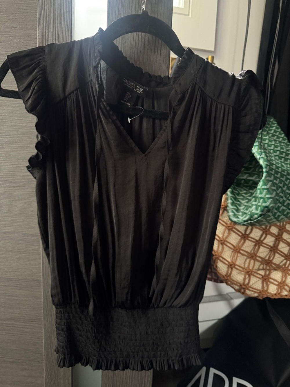 Rachel Zoe Black Silk-Blend Ruffled Cap Sleeve Top